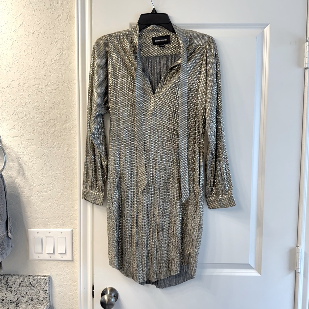 Sabina Musayev Gold and Silver Checkered Dress